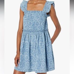 Madewell Small Marnay Flutter Sleeve Square Neck Easy Mini Dress in Blue & White